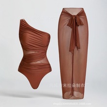 2025欧美连体网纱遮肚显瘦度假沙滩温泉游泳衣法式复古一件式泳衣