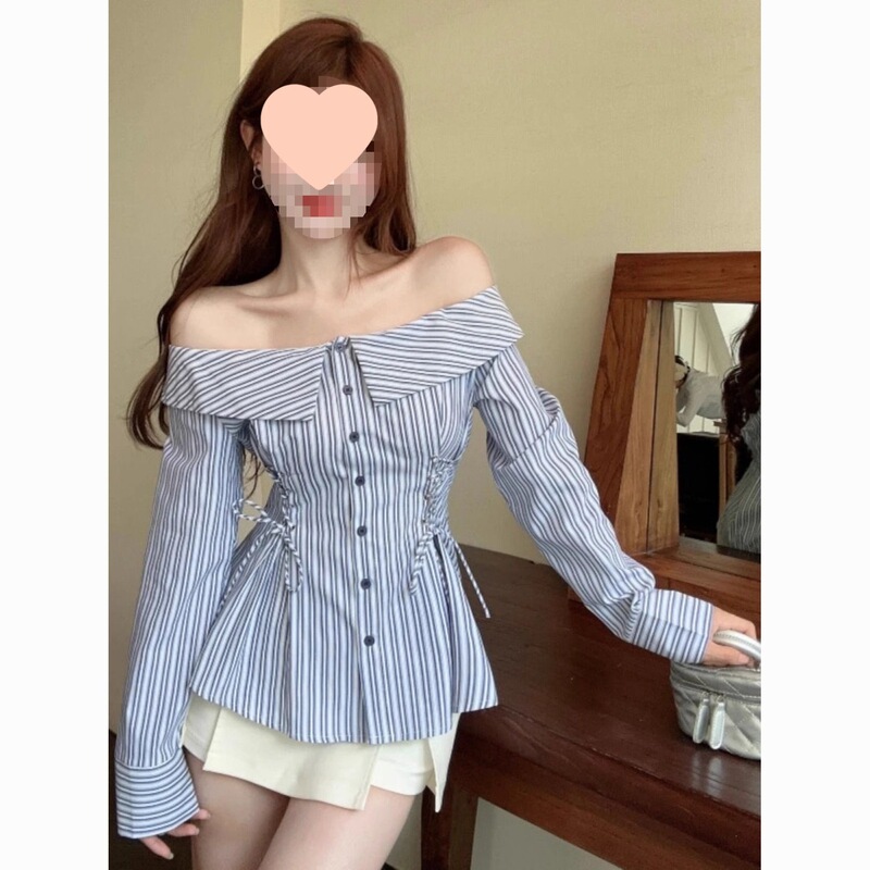 Hot Girl Style Striped Shirt for Girls, Spring and Autumn Off-The-Shoulder Slim Fit Waist-Cinching Shirt, Unique Tie-Up Long-Sleeve T-Shirt Blouse Hot Girl Style Striped Shirt for Girls, Spring and Autumn Off-The-Shoulder Slim Fit Waist-Cinching Shirt, Unique Tie-Up Long-Sleeve T-Shirt Blouse