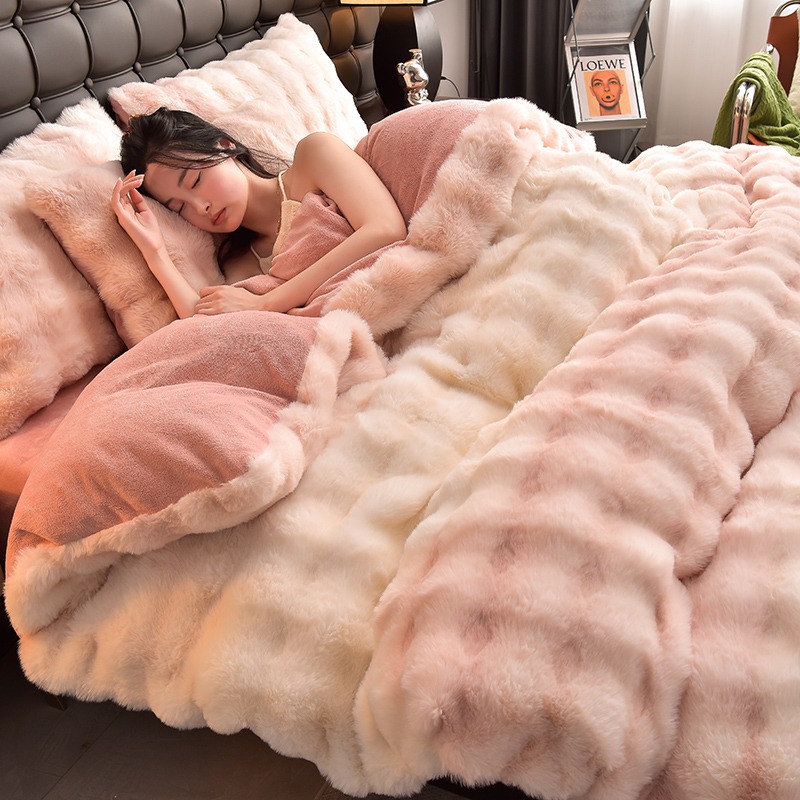 New Thickened 8.5 High-Density Rabbit Fur Four-Piece Set Rabbit Fur Winter Thickened Bed Sheet Milk Velvet Duvet Cover Wholesale