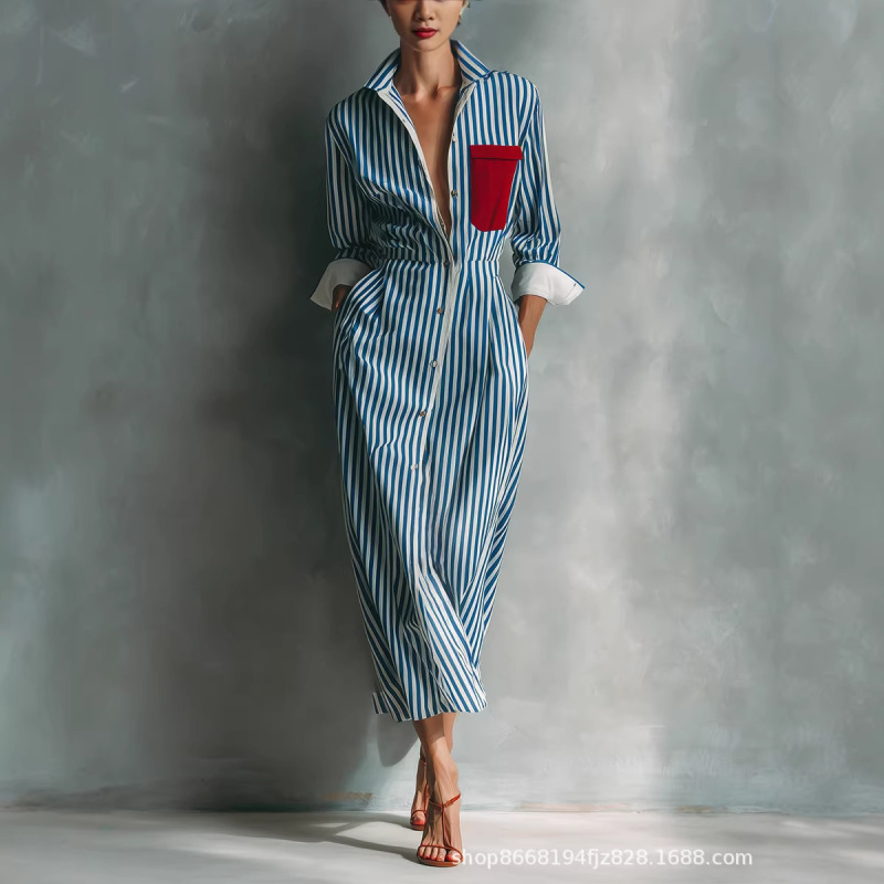 Amazon Independent Site European and American 2026 Summer New Style Elegant Pure Striped Loose Simple Casual Dress
