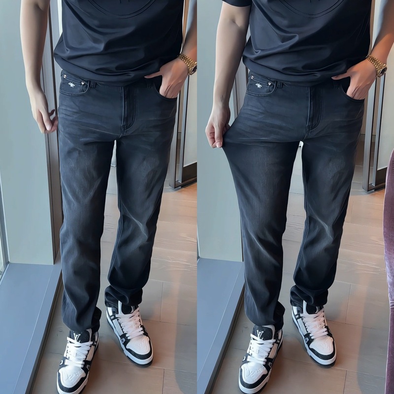 【蜜蜂四面弹】李查德男装秋季云烟灰刺绣小标弹力休闲直筒牛仔裤|undefined