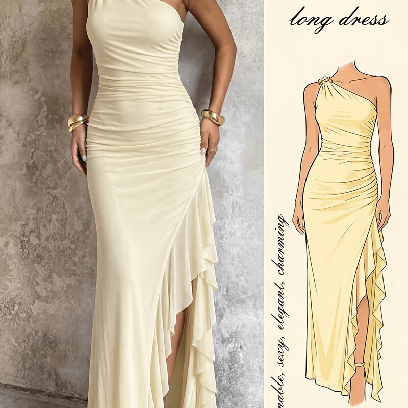 Women's Summer Romantic and Elegant One-Shoulder Long Dress with Metal Buckle Decoration, Slit, Ruffled Hem, and Asymmetrical Hemline Women's Summer Romantic and Elegant One-Shoulder Long Dress with Metal Buckle Decoration, Slit, Ruffled Hem, and Asymmetrical Hemline