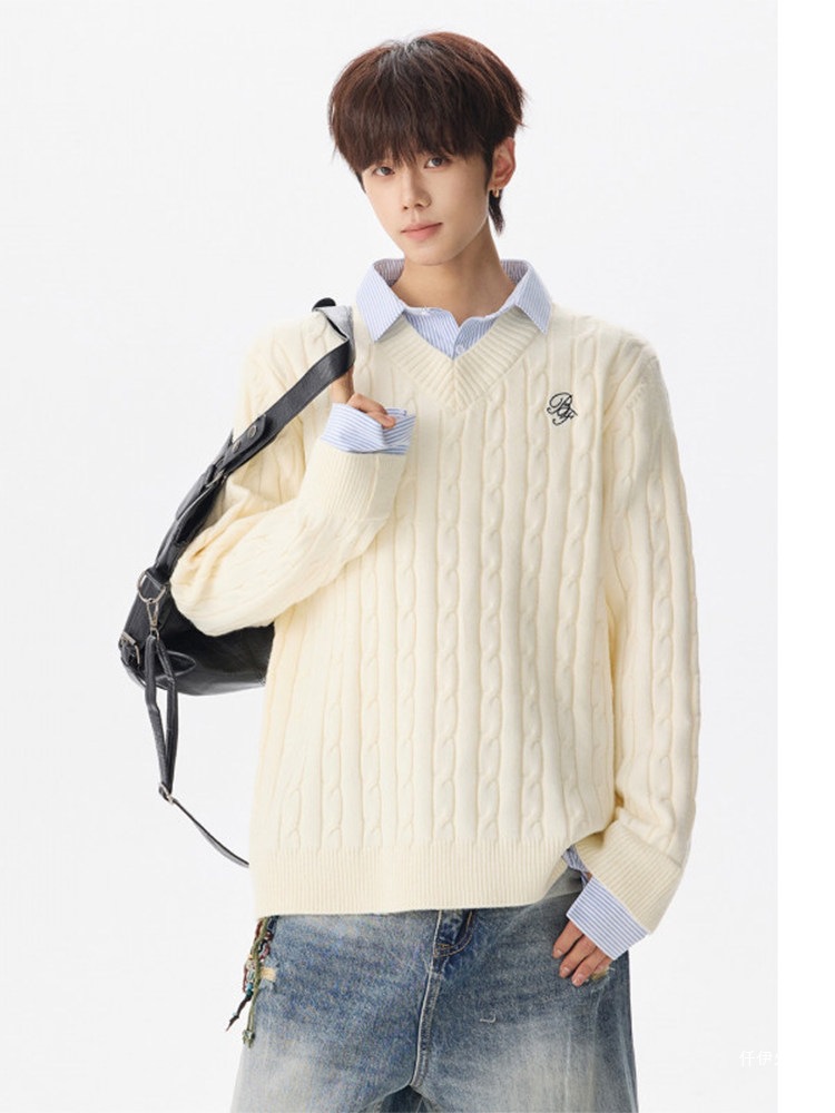 Shirt collar casual retro knit sweater for men, versatile loose-fit American style faux two-piece cable knit top, preppy style for autumn