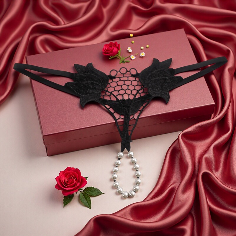 Sexy Lingerie Fashion Rose Thong Pearl Erotic Panties Women's Sexy Transparent T-Back Open-Crotch Temptation Panties