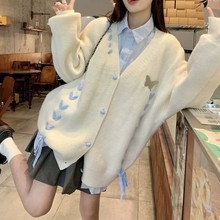 日韩穿绳奶fufu软糯毛衣女秋冬新款宽松慵懒风蝴蝶结时尚针织开衫