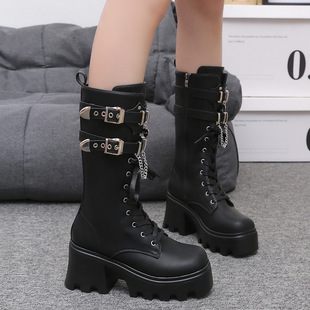 Gothic dark mid-calf boots winter chunky heel belt buckle round toe side zipper 35-42 plus size foreign trade leather boots