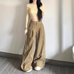 卡其色亚麻裤子女秋2025新款高腰直筒阔腿裤高端薄款透气休闲长裤