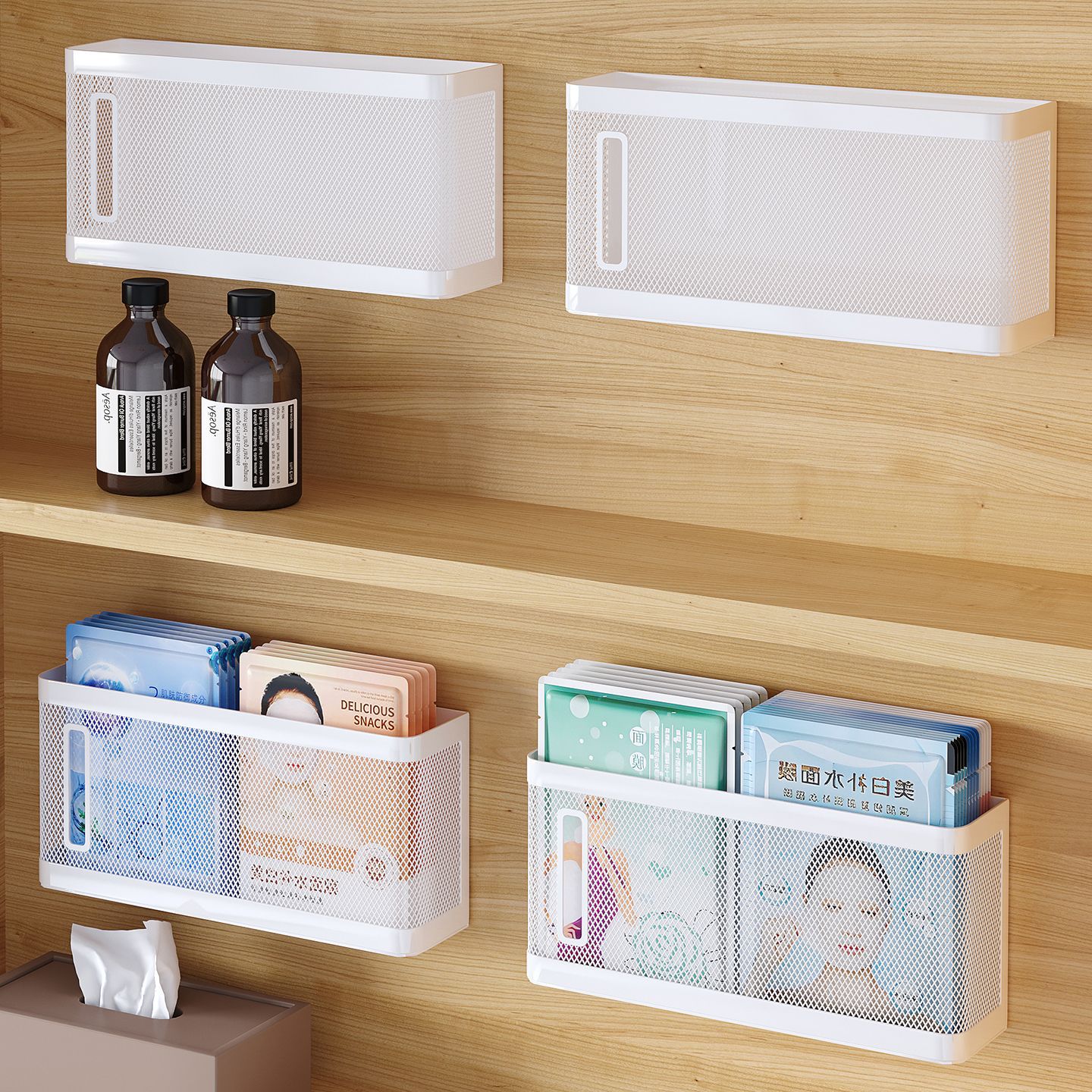 Bathroom Mirror Cabinet Storage Box Wall-Mounted Cosmetics Storage Bathroom Cabinet Facial Mask Makeup Cotton Storage Organizer Shelf