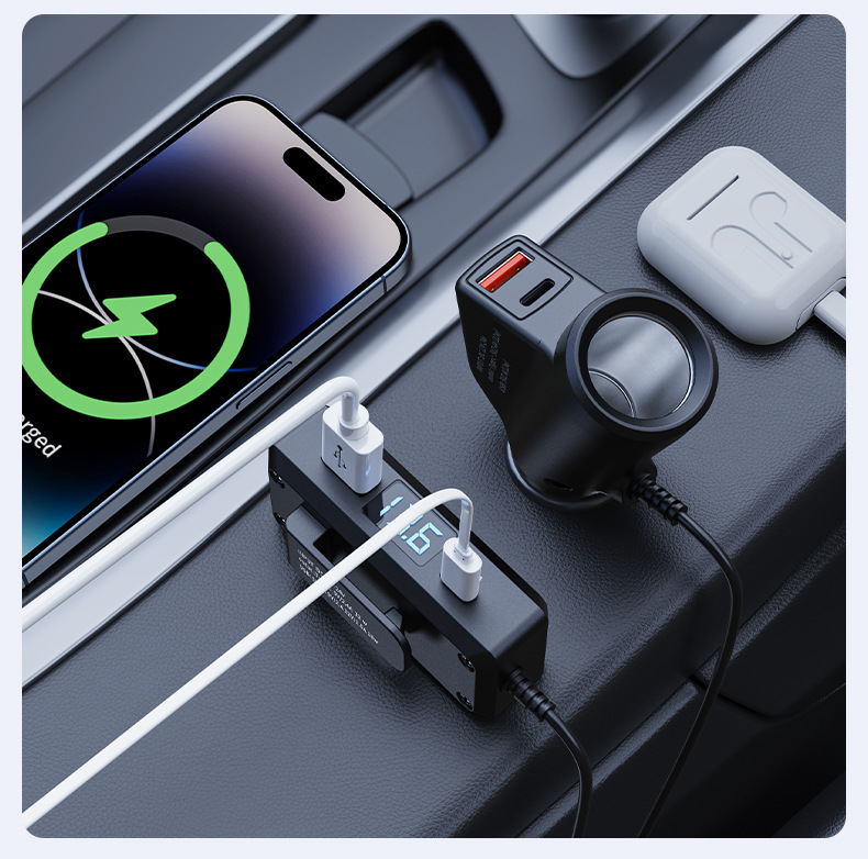Car Charger 120W Multi-Function Fast Charging 2025 New Model Pd Four-Port USB Digital Display 12V24V High Power