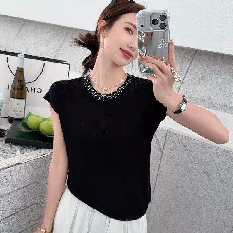 Round Neck Rhinestone Embellished Fly Sleeve Knit Top for Women, Summer Thin Style, Suitable for Layering with a Blazer or Wearing as a Short-Sleeve T-Shirt