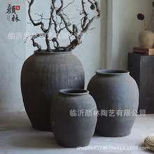 复古黑灰色大陶罐侘寂风造景装饰瓮缸粗陶土陶落地圆形陶罐大花瓶
