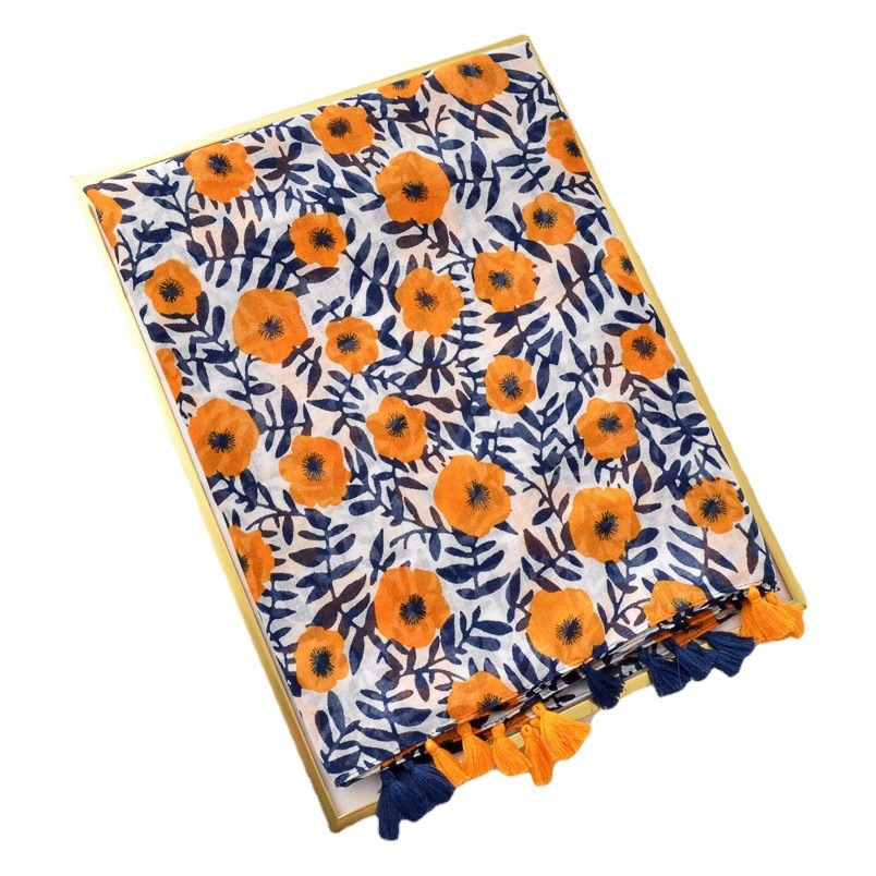 Japón Comercio exterior Orden original Yunnan viaje protector solar chal fresco blanco floral algodón y lino bufanda Súper Larga bufanda dos