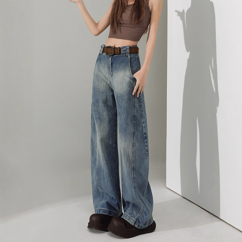 American Retro Light-Colored Wide-Leg Jeans for Women, Spring New High-Waisted Loose Slimming Petite Straight Scimitar Pants American Retro Light-Colored Wide-Leg Jeans for Women, Spring New High-Waisted Loose Slimming Petite Straight Scimitar Pants