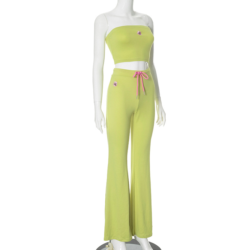 Suit Embroidery Tube Top High Waist Casual Trousers Two Piece Set