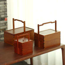 木质手提盒双层提篮便携式野餐提盒茶具收纳木盒中秋节礼盒定制