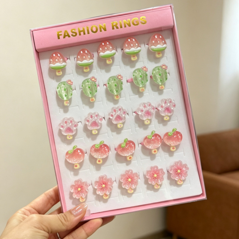 Anillo de flores de dibujos animados para niños transfronterizos 50 anillos de plástico esmerilado abierto en caja regalo de cumpleaños jardín de infantes