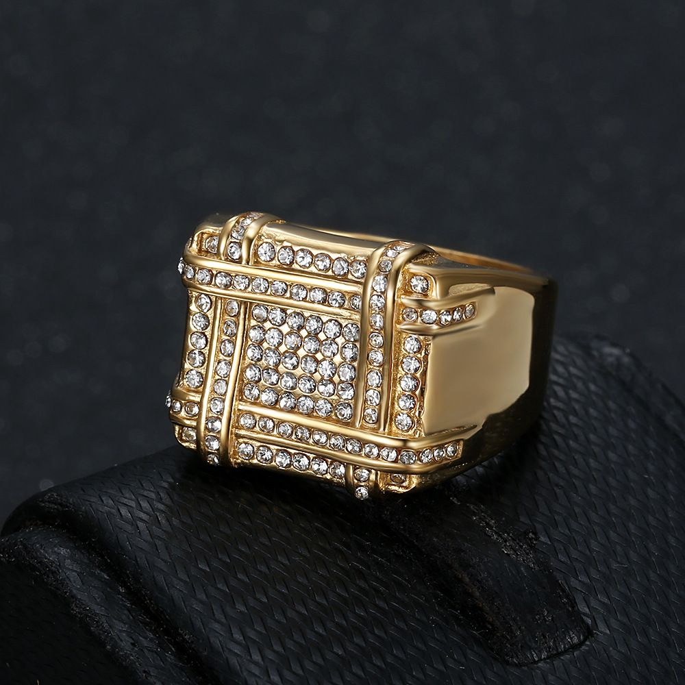 Hip-Hop Square Titanium Steel Plating Inlay Rhinestones 18K Gold Plated Men's Rings display picture 2
