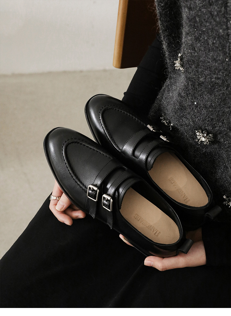 Giày da bò nữ mũi tròn bít kiểu loafer cổ điển màu nâu — màu nâu chi tiết 17