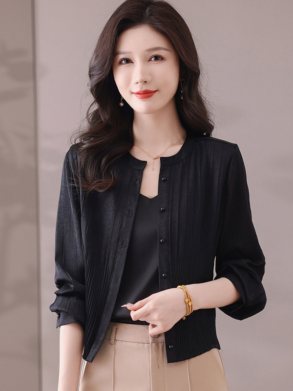 2025新款女装显瘦百褶单排扣纯色长袖真丝衬衫女春秋缎面气质开衫|undefined
