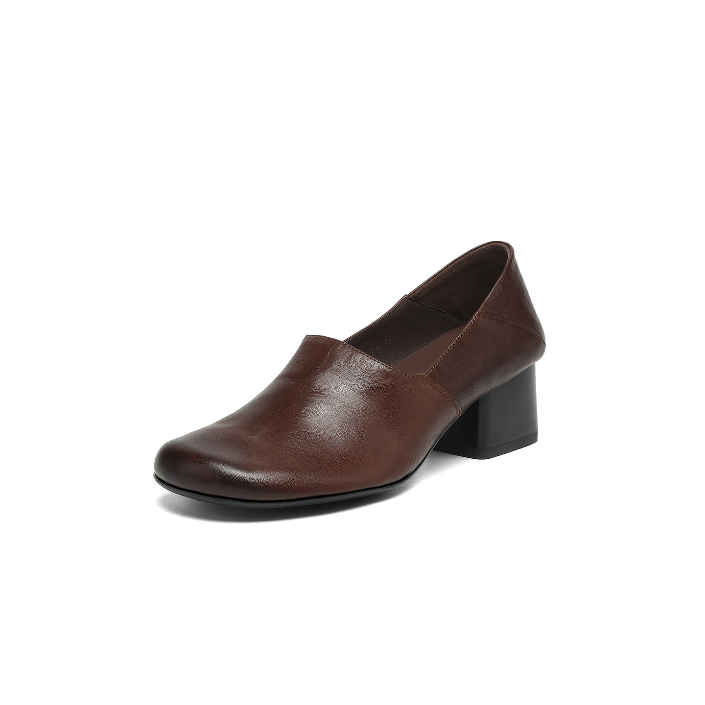 Giày lười nữ da bò đế dày 5 cm mũi vuông đế mềm — màu nâu