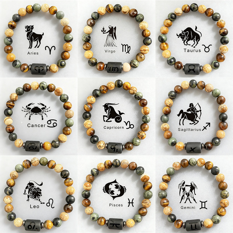 European and American Cross-Border Best-Selling Twelve Zodiac Natural Stone Beaded Couple-Style Tiger Eye Stone Picture Stone Bracelet Jewelry Wholesale European and American Cross-Border Best-Selling Twelve Zodiac Natural Stone Beaded Couple-Style Tiger Eye Stone Picture Stone Bracelet Jewelry Wholesale
