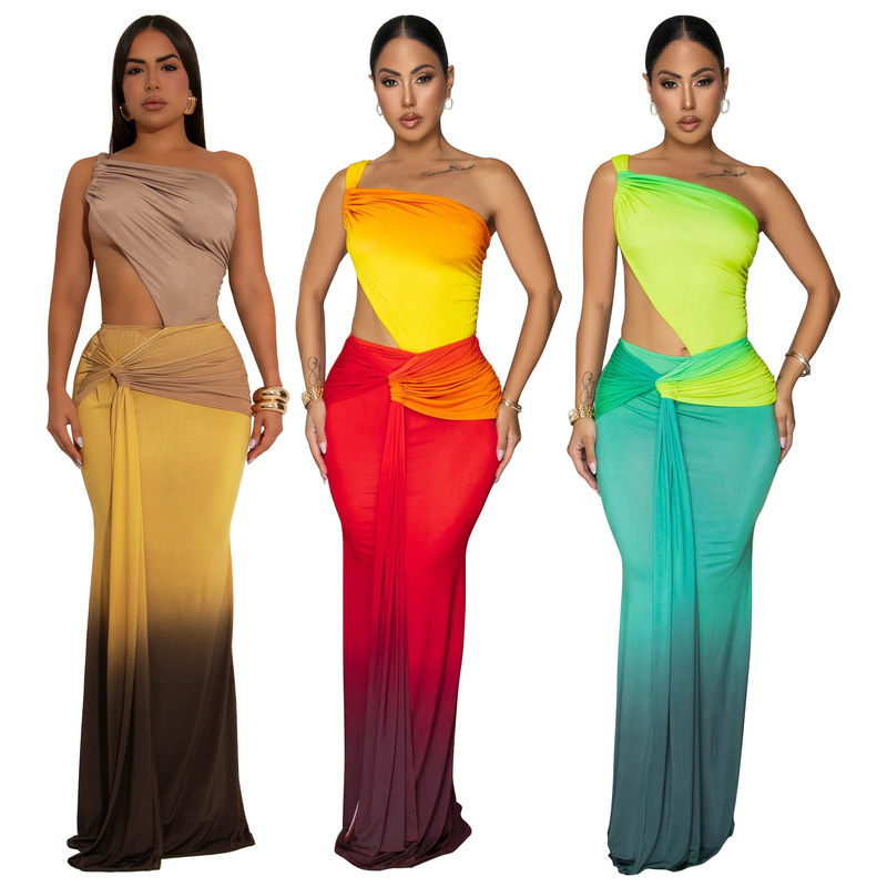 10877 Amazon's Hottest European and American Export Women's Clothing Sexy Waist-Revealing Gradient Dress One-Shoulder Dress Summer