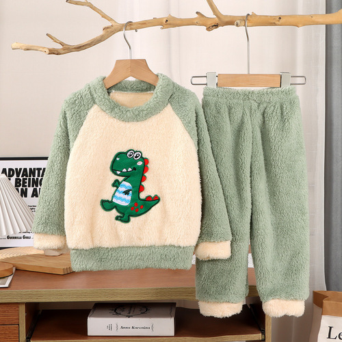 Children's long hair flannel pajamas set for autumn and winter, coral velvet, thickened and velvet home wear for boys and girls