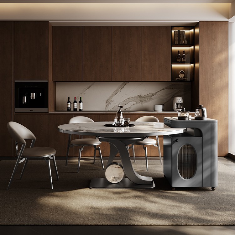 Mesa de mesa redonda de mesa de mesa de mesa redonda de isla de roca, hogar integrado, apartamento pequeño, lujo ligero, mesa de guía central retráctil plegable de alta gama, mesa de comedor invertida