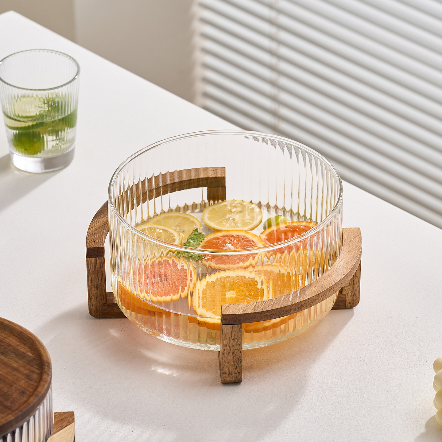 Resistente al calor y frío de estilo japonés, vidrio vertical de bambú, marco de madera, ensalada de frutas, paneles de exhibición, restaurantes, picnic al aire libre, fotos image 3