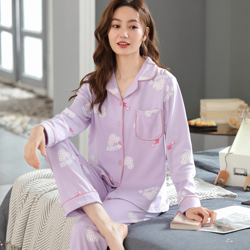 Traje % Pijama de algodón de manga larga impresa casual suelta primavera y otoño delgada ropa de aire acondicionado ropa para el hogar se puede usar fuera