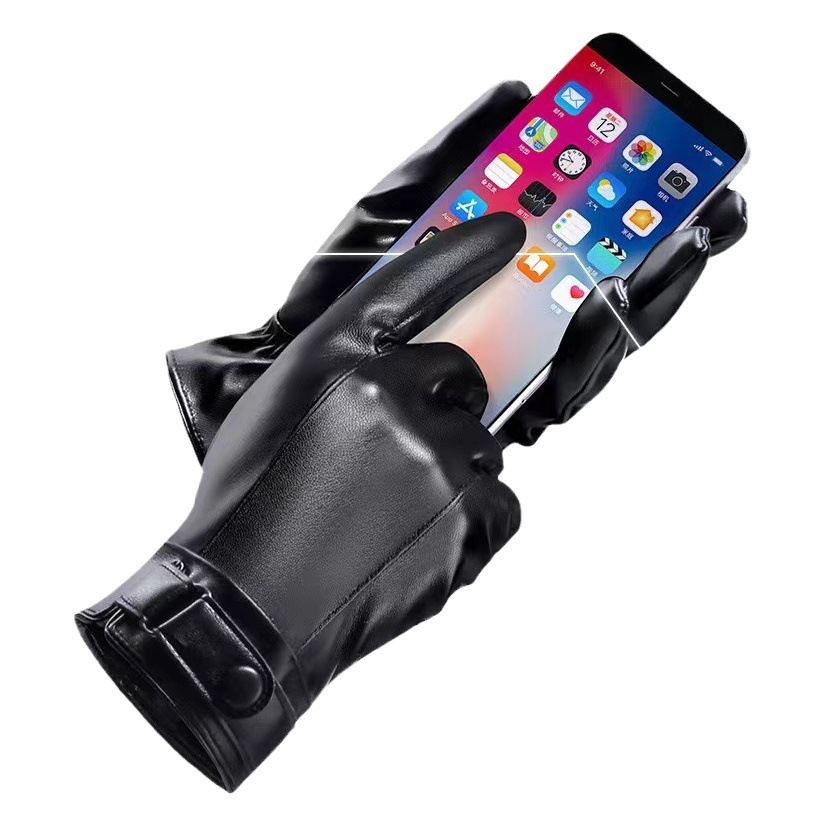 Leather Gloves for Men, Winter Cycling, Fleece-Lined, Warm, Windproof, Waterproof, Touchscreen Motorcycle Gloves, Wrist Protection, Mountain Bike