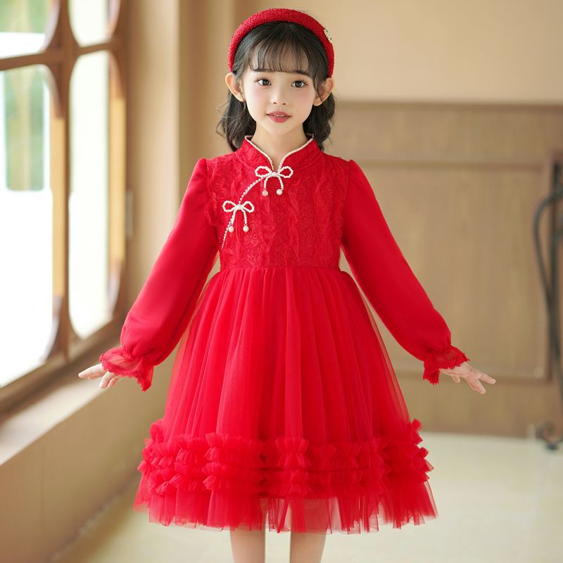 女童中国风旗袍公主裙秋冬儿童加绒兔兔连衣裙宝宝蓬蓬纱礼服裙子