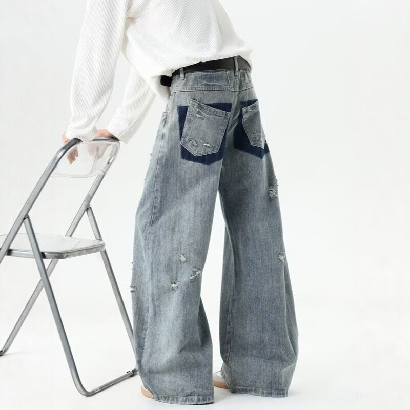 2026 New Vintage Blue Wide-Leg Jeans Unisex Ripped Insect-Bite Style with Straight Cut and Contrasting Pockets 2026 New Vintage Blue Wide-Leg Jeans Unisex Ripped Insect-Bite Style with Straight Cut and Contrasting Pockets