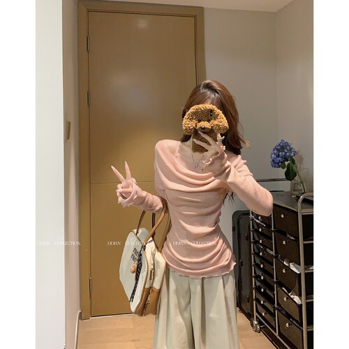 MR [Original Quality] Turtleneck Knitted Sweater with Faux Two-Piece Design and Wooden-Edge Trim, Women's Slimming Long-Sleeved Top, Bottoming Shirt