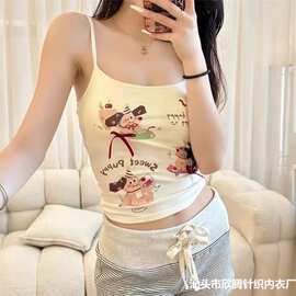 人棉甜美可爱卡通印花吊带小背心女士带胸垫辣妹内搭外穿打底上衣