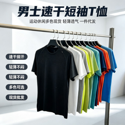 男式短袖圆领运动休闲薄款新款冰感速干透气亲肤弹力纯色上衣现货