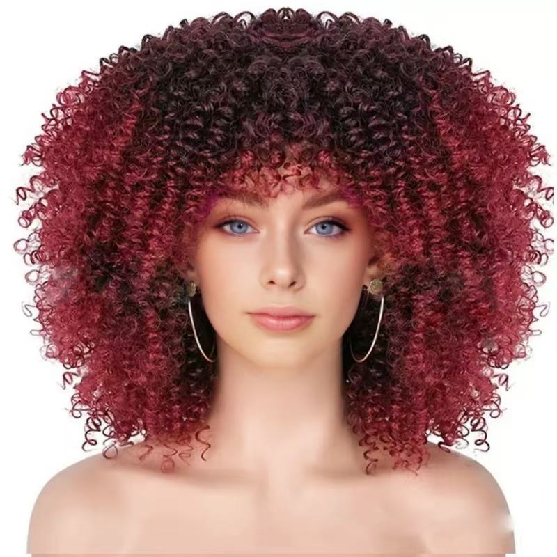 Damen-Afro-Perücke, klein, lockig, afrikanischer Stil, maschinell gefertigt, Kunstfaser, durchschnittliche Größe, glatte Textur, kurz, lang, mittellang_voghion.com