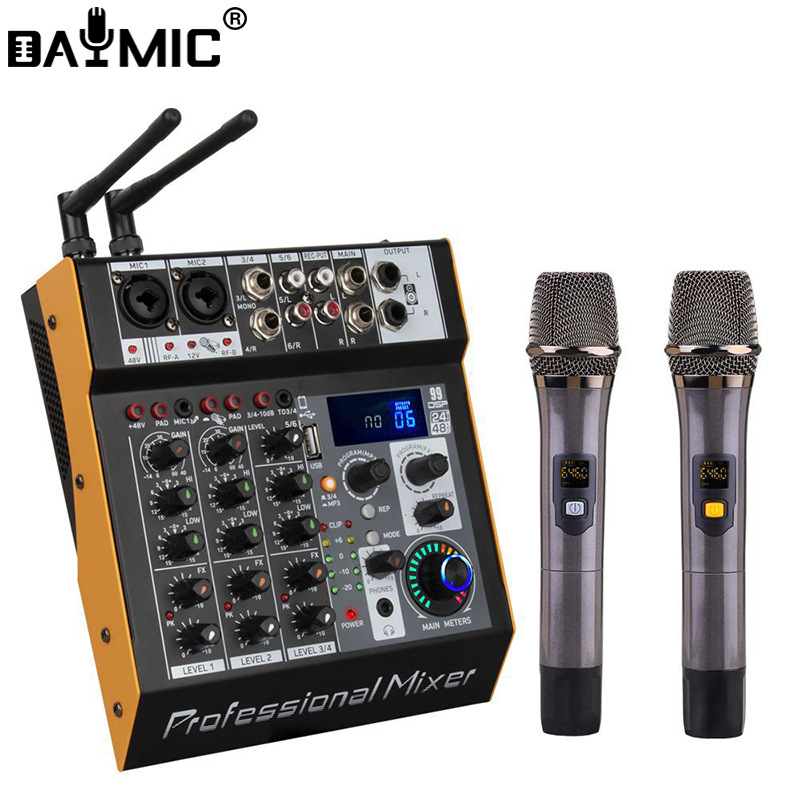 LM-4 4路调音台带双无线麦克风蓝牙播放带功放多路控制效果混音器