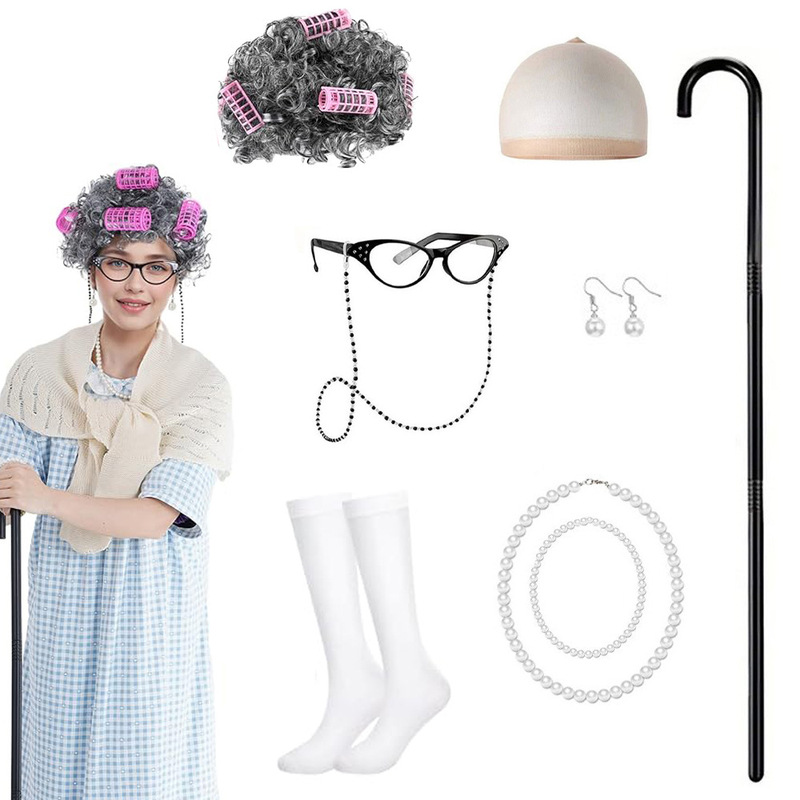 Cross-Border Grandma and Grandpa Curly Hair Cosplay Wig Set for Middle-Aged and Elderly Women
