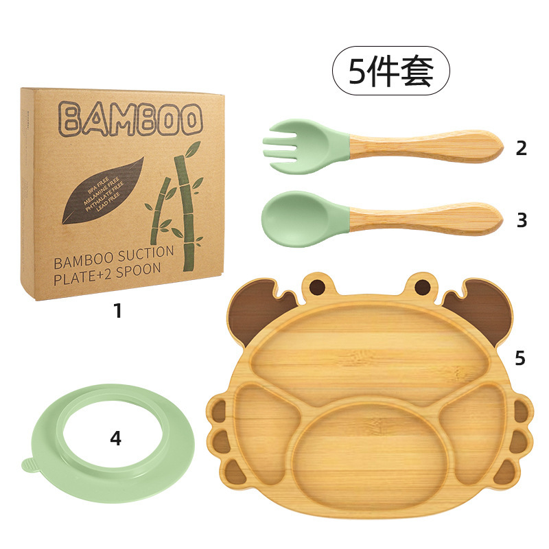 Bamboo Dinner Plate with Packing Animal Shape Baby Suction Tray Bowl Split Bamboo Plate Bowl Fork Spoon Children's Training Tableware Set