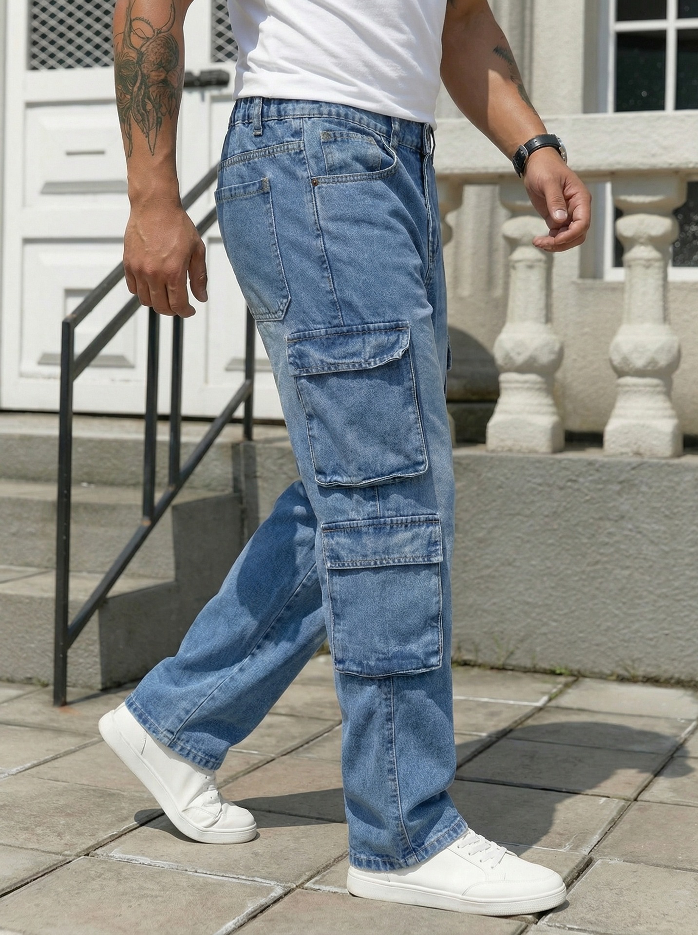 Jean cargo homme coupe droite ample taille haute style rétro_voghion.com
