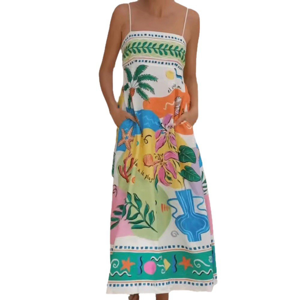 In-stock Cross-border European And American Independent Station 2026 New Beach Style Printed Strapless Sleeveless Maxi_ecoleips.com
