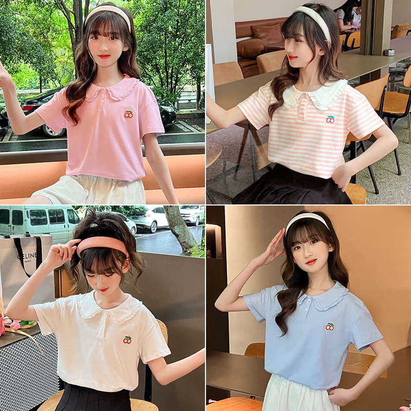 Summer girls short-sleeved POLO shirt tops doll collar baseball uniform tennis uniform cotton medium and large children's striped shirt sports