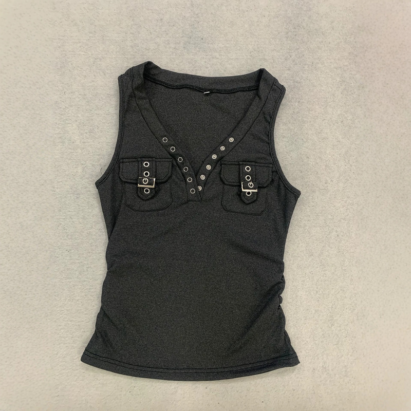 European and American Style Black and Gray Workwear Sleeveless Vest with Metal Buckle Pockets, V-Neck Slim Fit Vest, Street Style Outerwear for Women