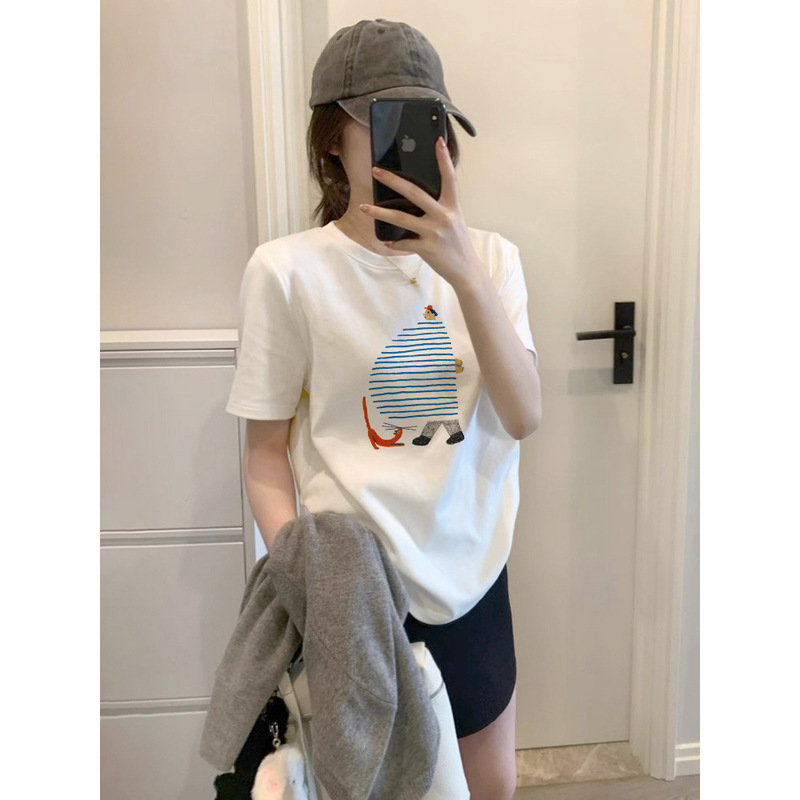 Plus Size Women's Summer Right Shoulder Cartoon Print Loose Round Neck Short-Sleeved T-Shirt 100% Cotton Bottoming Top