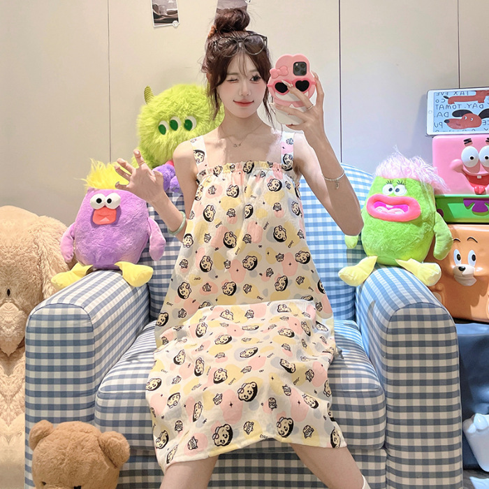 2025 nuevo pijama de hilo de algodón de nube camisón de verano para mujer linda niña dulce con cojín para el pecho servicio a domicilio