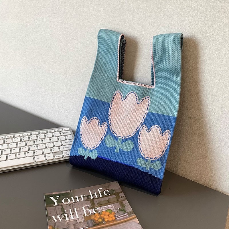 INS bolso de celebridad de Internet bolso de cubo de lana de punto para mujer bolso de mano casual bolso de mano de estilo japonés y coreano bolsa de Almuerzo