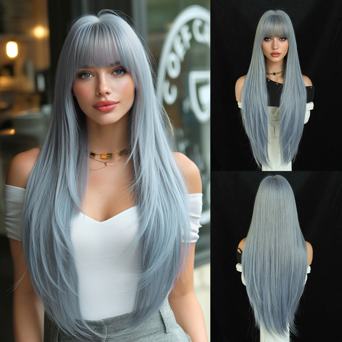 Peruca de moda femenina cara redonda capa de cabello recto super largo cabello negro completo peluca de alta calidad fibra química cubierta de cabeza