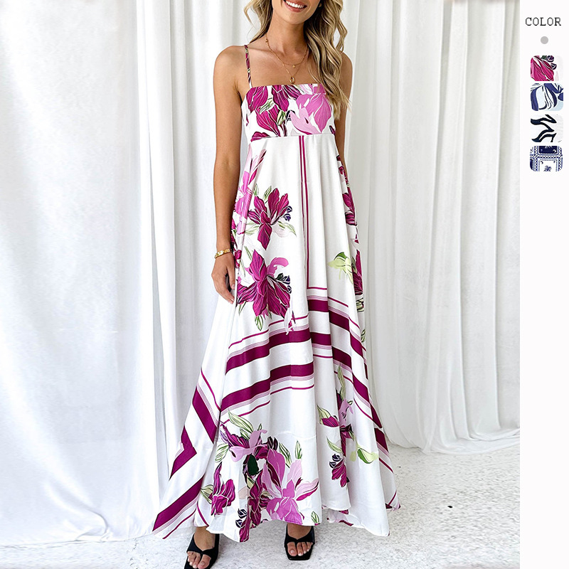 Independent station cross-border summer super long dress casual square collar sleeveless bohemian thin shoulder strap floral dress for women Independent station cross-border summer super long dress casual square collar sleeveless bohemian thin shoulder strap floral dress for women
