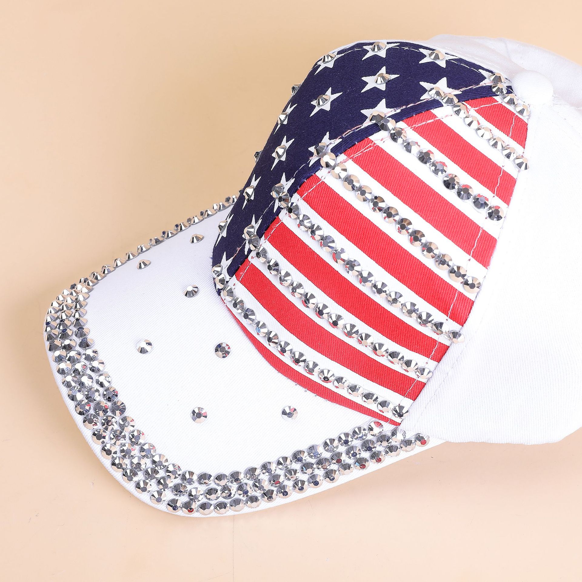 El Comercio exterior transfronterizo nuevo verano estilo americano de moda bandera americana diamante incrustado gorra de béisbol sombrero para el sol hombres y mujeres mismo estilo casquillo de pico